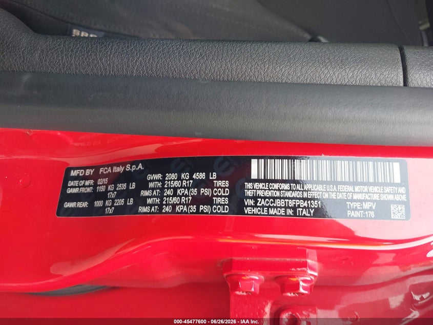 2015 Jeep Renegade VIN ZACCJBBT8FPB41351 IAAI salvage auction — SIDE, Salvage (Ohio), sold $1,750 on 2026-07-28 (photo 9)