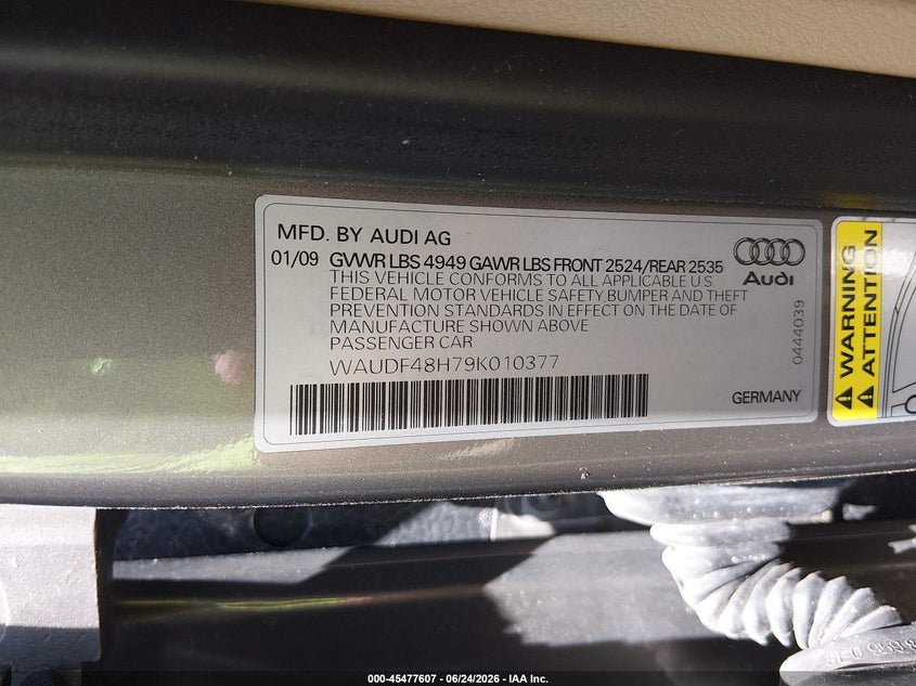 2009 Audi A4 VIN WAUDF48H79K010377 IAAI salvage auction — NO DAMAGE, Original (Maine), sold $2,300 on 2026-07-15 (photo 9)