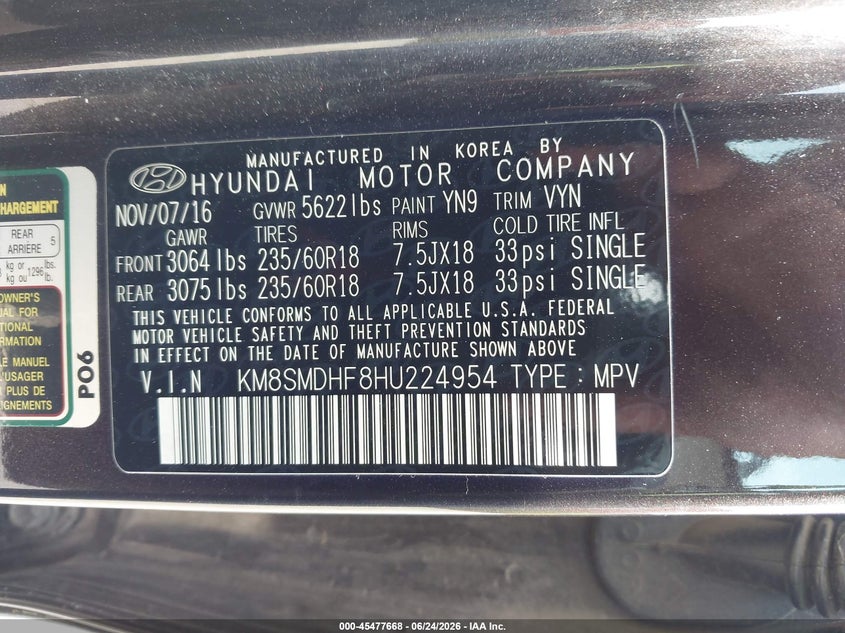 2017 Hyundai Santa fe VIN KM8SMDHF8HU224954 IAAI salvage auction — FRONT & REAR, Certificate Of Title (Nebraska), sold $2,450 on 2026-07-09 (photo 9)