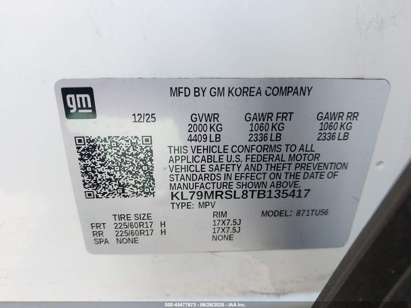 2026 Chevrolet Trailblazer VIN KL79MRSL8TB135417 IAAI salvage auction — FRONT END, Clear (Texas), sold $16,050 on 2026-07-07 (photo 9)