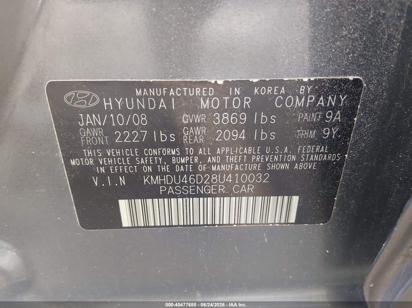 2008 Hyundai Elantra VIN KMHDU46D28U410032 IAAI salvage auction — FRONT END, Clear (Virginia), sold $575 on 2026-07-21 (photo 9)