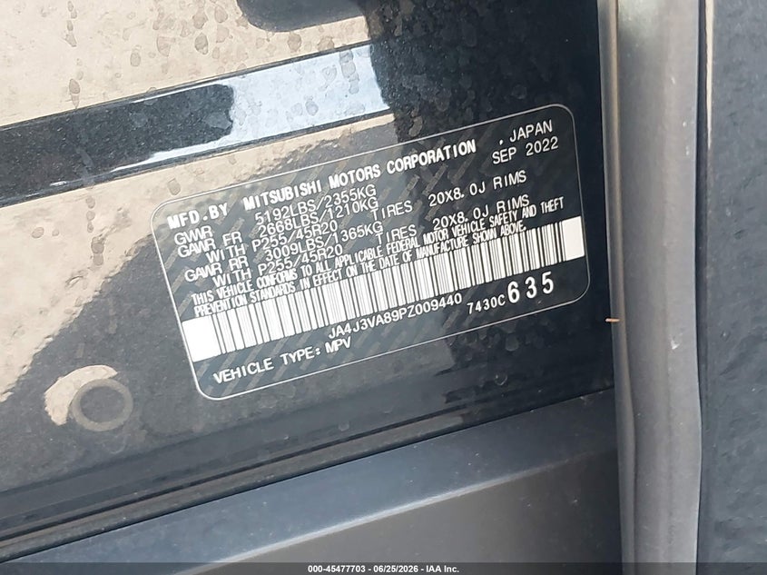 2023 Mitsubishi Outlander VIN JA4J3VA89PZ009440 IAAI salvage auction — FRONT END, Certificate Of Destruction (Florida), sold $4,200 on 2026-07-28 (photo 9)