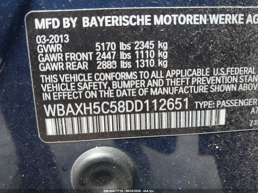 2013 BMW 5er VIN WBAXH5C58DD112651 IAAI salvage auction — STORM DAMAGE, Salvage (North Carolina), sold $1,150 on 2026-07-23 (photo 9)