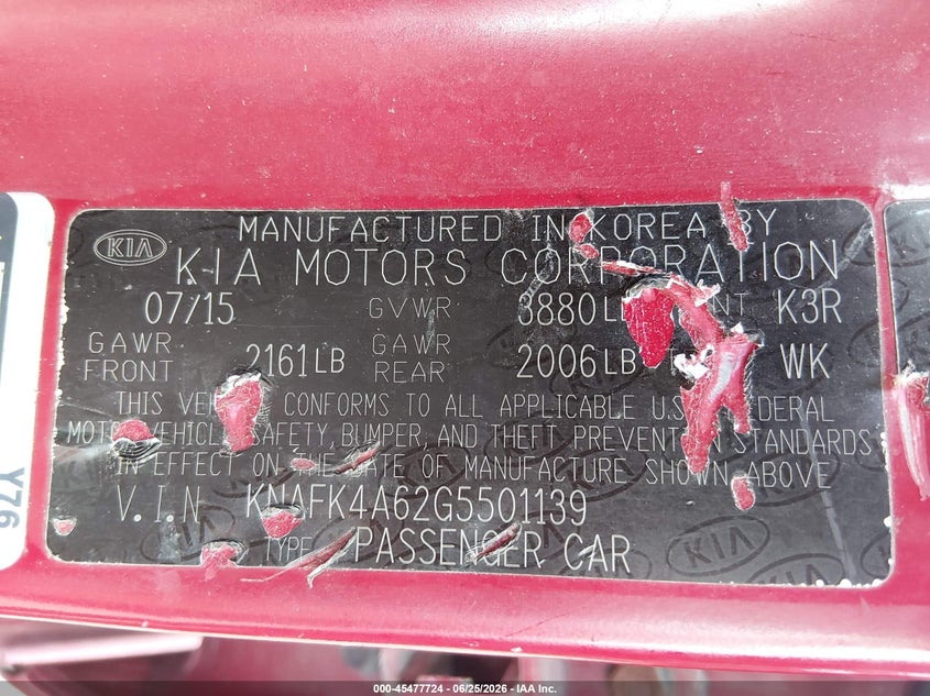 2016 Kia Forte VIN KNAFK4A62G5501139 IAAI salvage auction — FRONT END, Salvage (Ohio), sold $525 on 2026-07-15 (photo 9)