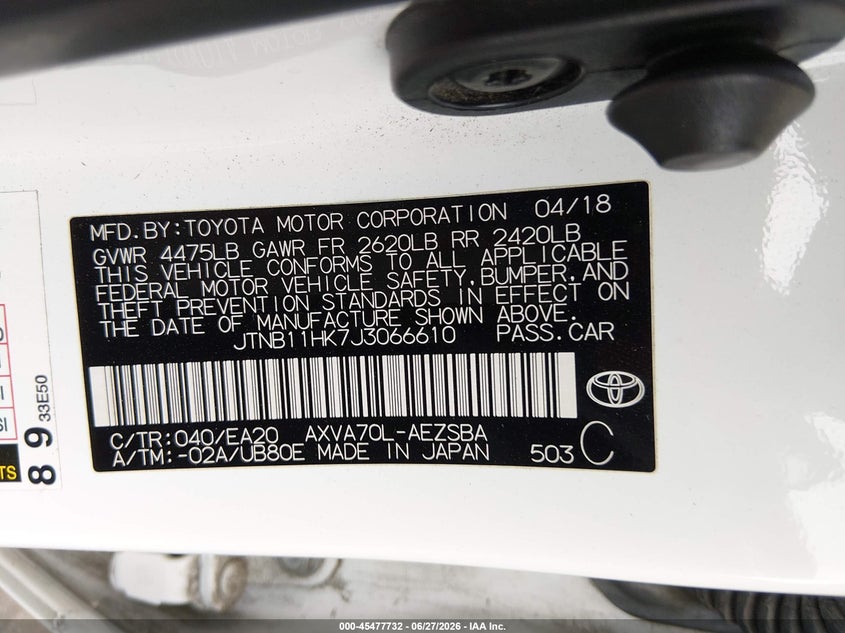 2018 Toyota Camry VIN JTNB11HK7J3066610 IAAI salvage auction — RIGHT SIDE, Salvage (California), sold $5,625 on 2026-07-09 (photo 9)