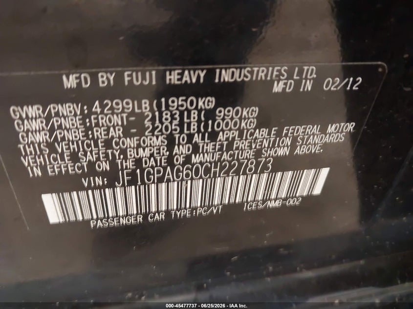 2012 Subaru Impreza VIN JF1GPAG60CH227873 IAAI salvage auction — FRONT END, Mv-907A (New York), sold $25 on 2026-07-28 (photo 9)