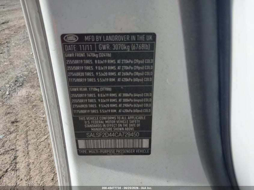 2012 Land rover Range rover sport VIN SALSF2D44CA729450 IAAI salvage auction — NORMAL WEAR, Clear (Minnesota), sold $1,150 on 2026-07-15 (photo 9)