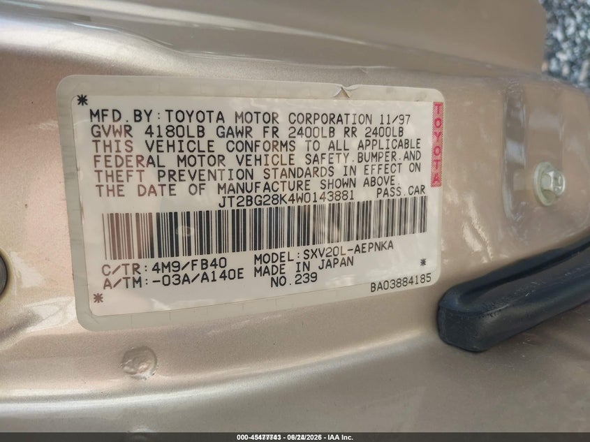 1998 Toyota Camry VIN JT2BG28K4W0143881 IAAI salvage auction — HAIL, Salvage (Idaho), sold $400 on 2026-07-30 (photo 9)