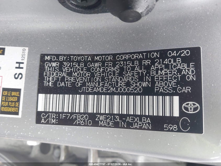 2021 Toyota Corolla VIN JTDEAMDE2MJ000520 IAAI salvage auction — REAR END, Salvage Title, sold $5,200 on 2026-07-15 (photo 9)