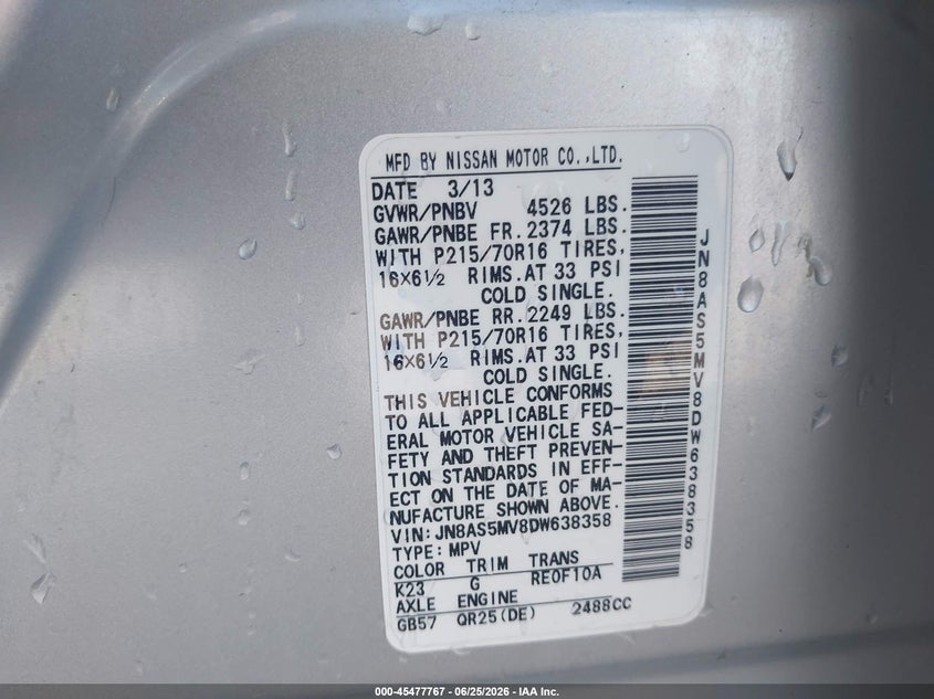 2013 Nissan Rogue sport VIN JN8AS5MV8DW638358 IAAI salvage auction — NORMAL WEAR, Clear (Utah), sold $275 on 2026-07-09 (photo 9)