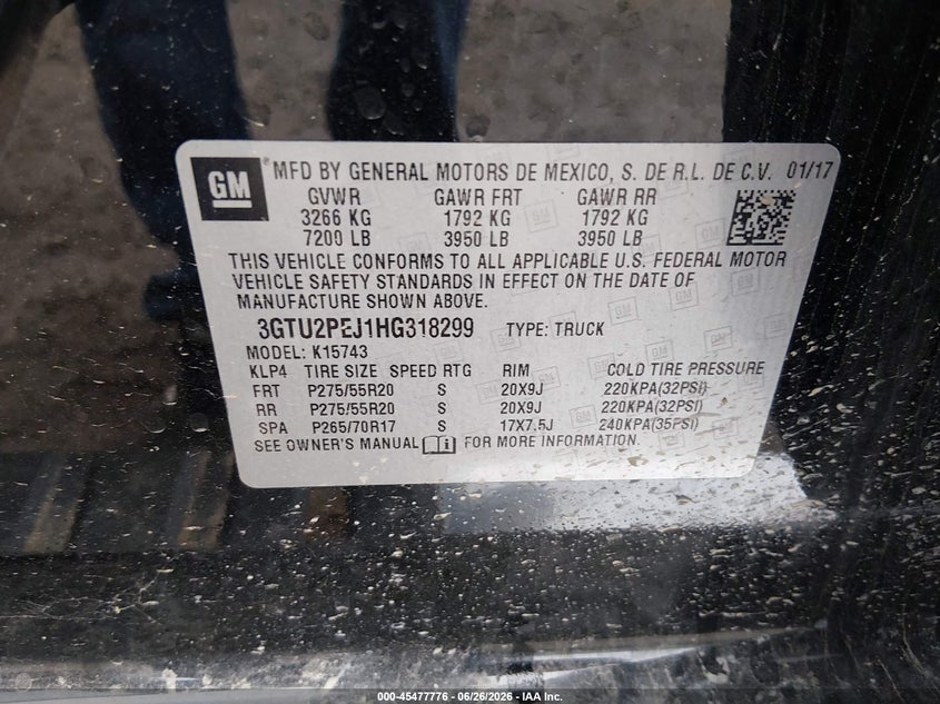 2017 Gmc SIERRA VIN 3GTU2PEJ1HG318299 IAAI salvage auction — HAIL, Salvage (Tennessee), sold $7,600 on 2026-07-19 (photo 9)
