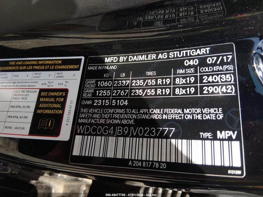 2018 Mercedes-benz VIN WDC0G4JB9JV023777 IAAI salvage auction — FRONT END, Salvage (Tennessee), sold $6,725 on 2026-07-23 (photo 9)