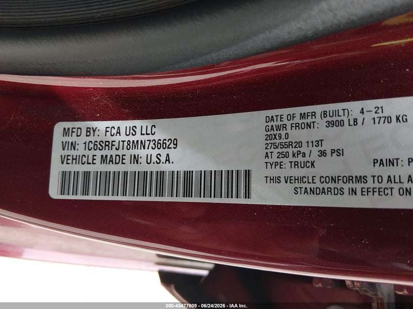 2021 Ram 1500 VIN 1C6SRFJT8MN736629 IAAI salvage auction — EXTERIOR BURN, Salvage Title, sold $13,200 on 2026-07-26 (photo 9)