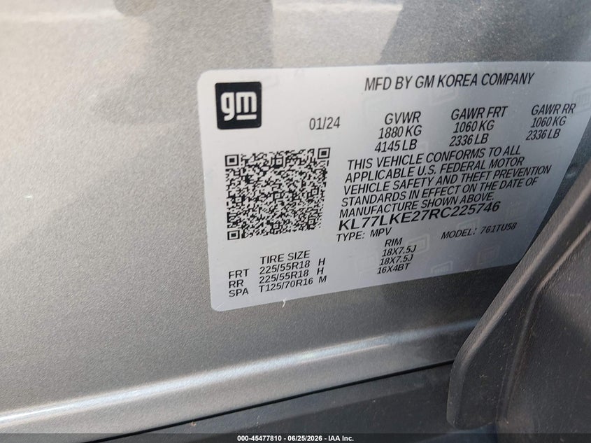 2024 Chevrolet Trax VIN KL77LKE27RC225746 IAAI salvage auction — FRONT END, Salvage (North Carolina), sold $25 on 2026-08-01 (photo 9)