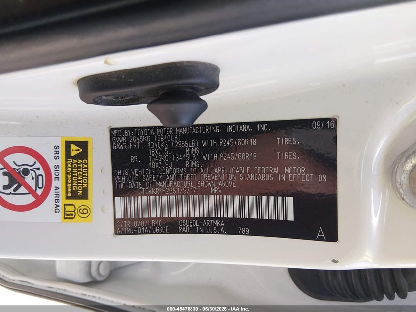 2016 Toyota Highlander VIN 5TDKKRFH2GS175717 IAAI salvage auction — FRONT END, Salvage (Louisiana), sold $4,750 on 2026-07-08 (photo 9)
