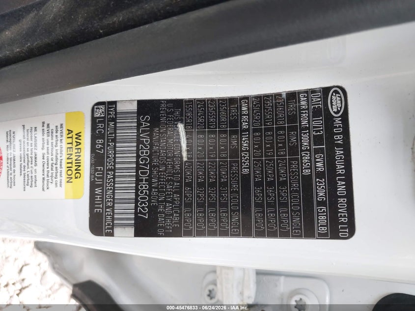 2013 Land rover Range rover evoque VIN SALVP2BG7DH850327 IAAI salvage auction — ROLLOVER, Mv-907A (New York), sold $475 on 2026-07-08 (photo 9)