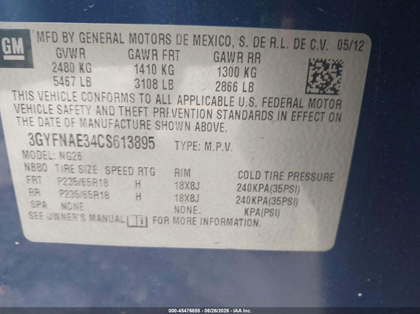 2012 Cadillac Srx VIN 3GYFNAE34CS613895 IAAI salvage auction — FRONT END, Salvage Title, sold $500 on 2026-07-27 (photo 9)