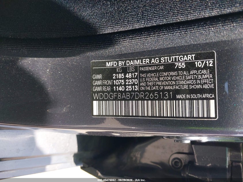 2013 Mercedes-benz C class VIN WDDGF8AB7DR265131 IAAI salvage auction — NORMAL WEAR, Clear (Tennessee), sold $1,600 on 2026-07-14 (photo 9)