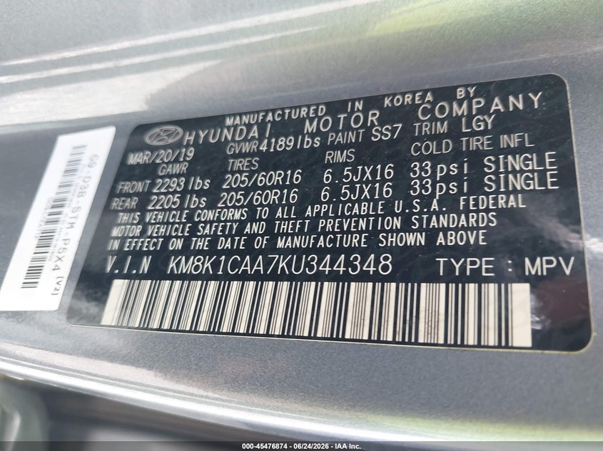 2019 Hyundai Kona VIN KM8K1CAA7KU344348 IAAI salvage auction — NORMAL WEAR, SF97 (Virginia), sold $25 on 2026-07-22 (photo 9)
