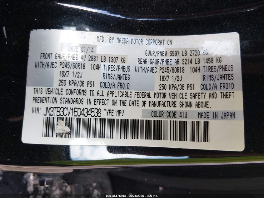 2014 Mazda Cx-9 VIN JM3TB3CV1E0434538 IAAI salvage auction — REAR END, Salvage Title, sold $525 on 2026-07-21 (photo 9)