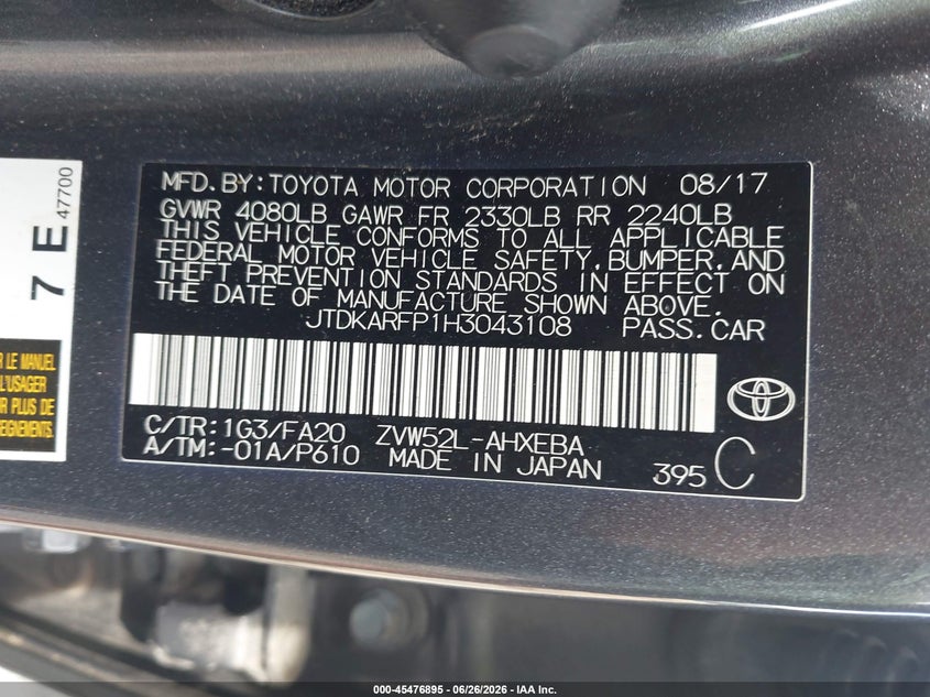 2017 Toyota Prius VIN JTDKARFP1H3043108 IAAI salvage auction — LEFT REAR, Salvage - Greater Than 75% (Maryland), sold $3,975 on 2026-07-28 (photo 9)