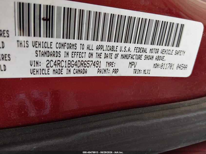 2013 Chrysler Town & country VIN 2C4RC1BG4DR657491 IAAI salvage auction — HAIL, Salvage (Kansas), sold $700 on 2026-07-24 (photo 9)