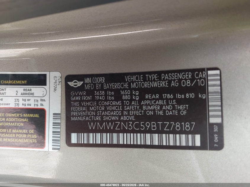 2011 Mini Cooper VIN WMWZN3C59BTZ78187 IAAI salvage auction — LEFT FRONT, Salvage (North Carolina), sold $325 on 2026-08-10 (photo 9)