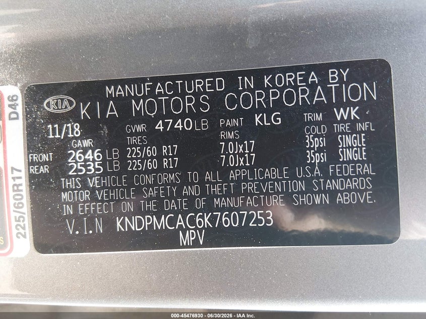 2019 Kia Sportage VIN KNDPMCAC6K7607253 IAAI salvage auction — FRONT END, Salvage Title, sold $1,500 on 2026-07-25 (photo 9)