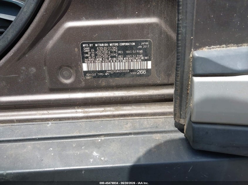 2017 Mitsubishi Outlander VIN JA4AD2A38HZ036209 IAAI salvage auction — NORMAL WEAR, Clear (South Carolina), sold $2,650 on 2026-07-14 (photo 9)