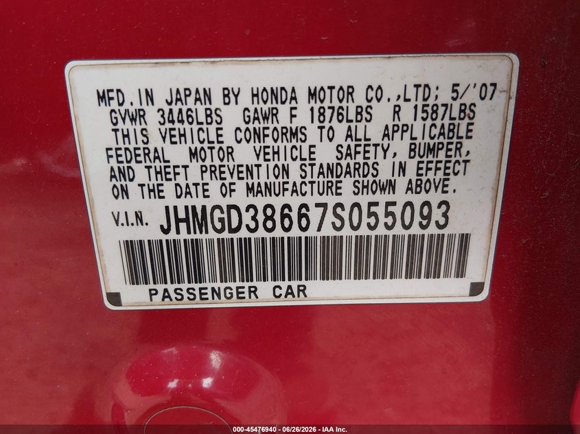 2007 Honda Fit VIN JHMGD38667S055093 IAAI salvage auction — FRONT END, Salvage - Greater Than 75% (Maryland), sold $1,100 on 2026-07-09 (photo 9)