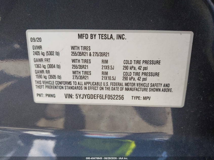 2020 Tesla Model y VIN 5YJYGDEF6LF052256 IAAI salvage auction — FRONT END, Salvage (North Carolina), sold $11,200 on 2026-08-03 (photo 9)