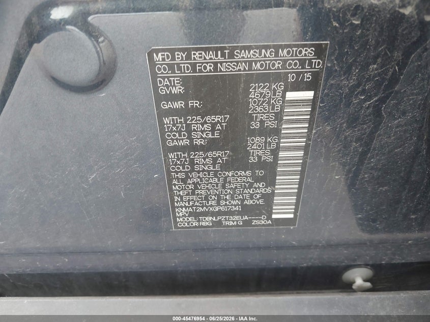 2016 Nissan Rogue VIN KNMAT2MVXGP617341 IAAI salvage auction — FRONT END, Clear (Indiana), sold $1,350 on 2026-07-23 (photo 9)