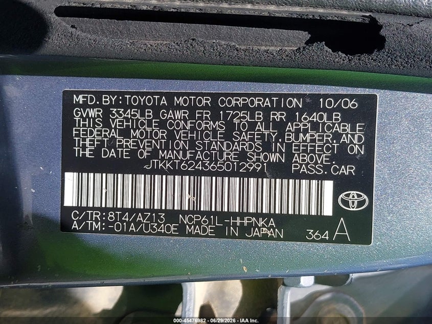 2006 Scion Xa VIN JTKKT624365012991 IAAI salvage auction — FRONT END, Certificate Of Destruction (Florida), sold $275 on 2026-07-16 (photo 9)