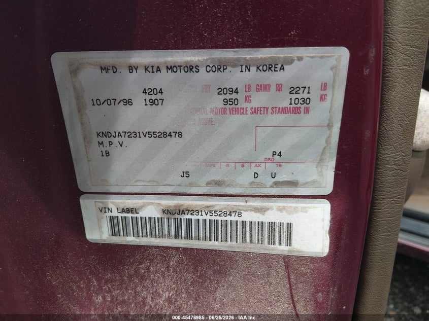 1997 Kia Sportage VIN KNDJA7231V5528478 IAAI salvage auction — NORMAL WEAR, Clear (Virginia), sold $300 on 2026-07-14 (photo 9)