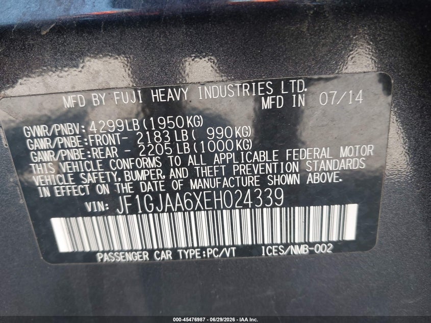 2014 Subaru Impreza VIN JF1GJAA6XEH024339 IAAI salvage auction — FRONT END, Mv-907A (New York), sold $1,850 on 2026-07-09 (photo 9)