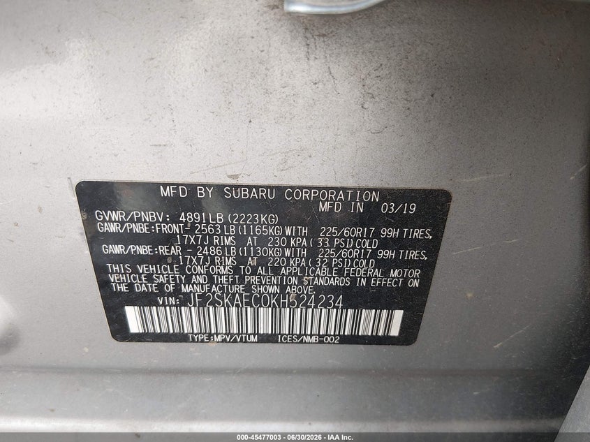 2019 Subaru Forester VIN JF2SKAEC0KH524234 IAAI salvage auction — FRONT END, Salvage Title, sold $25 on 2026-07-29 (photo 9)