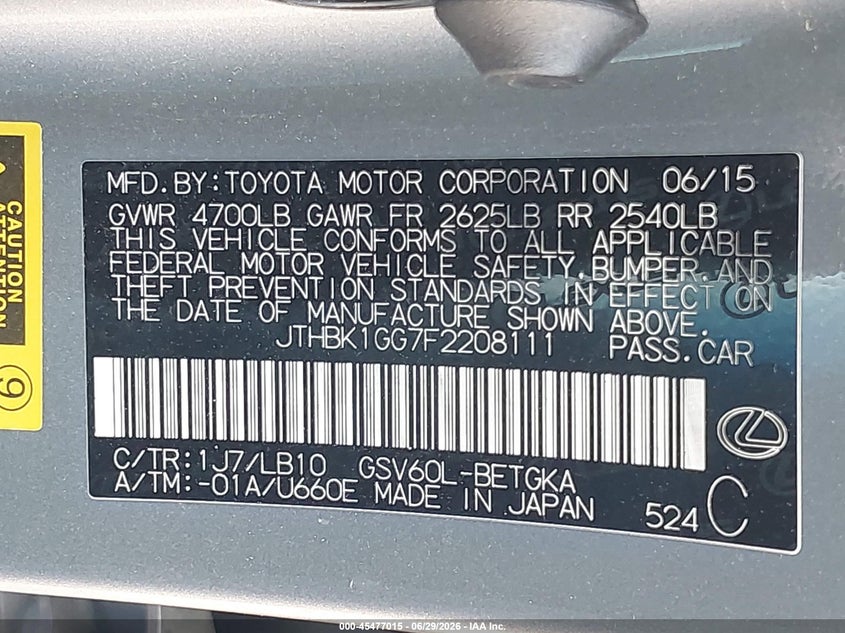 2015 Lexus ES VIN JTHBK1GG7F2208111 IAAI salvage auction — FRONT END, Original (Texas), sold $3,650 on 2026-08-01 (photo 9)