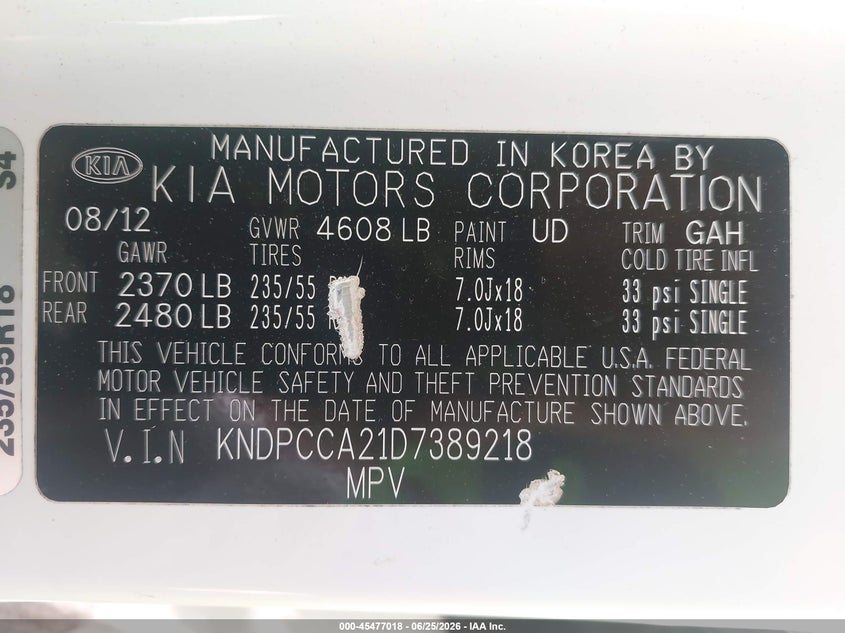 2013 Kia Sportage VIN KNDPCCA21D7389218 IAAI salvage auction — REAR END, Salvage - Greater Than 75% (Maryland), sold $1,900 on 2026-07-09 (photo 9)