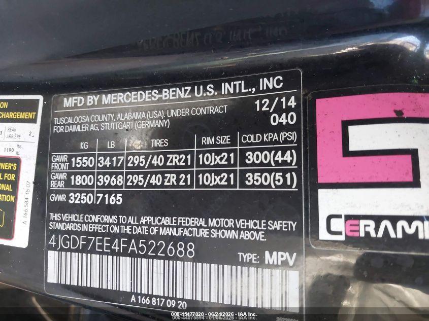2015 Mercedes-benz Gl-class VIN 4JGDF7EE4FA522688 IAAI salvage auction — TOTAL BURN, Junk (Oklahoma), sold $900 on 2026-07-11 (photo 9)