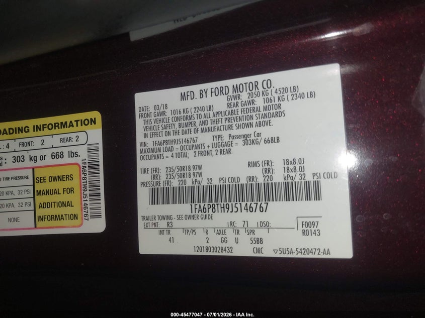 2018 Ford Mustang VIN 1FA6P8TH9J5146767 IAAI salvage auction — REAR END, Salvage Title, sold $6,100 on 2026-08-03 (photo 9)