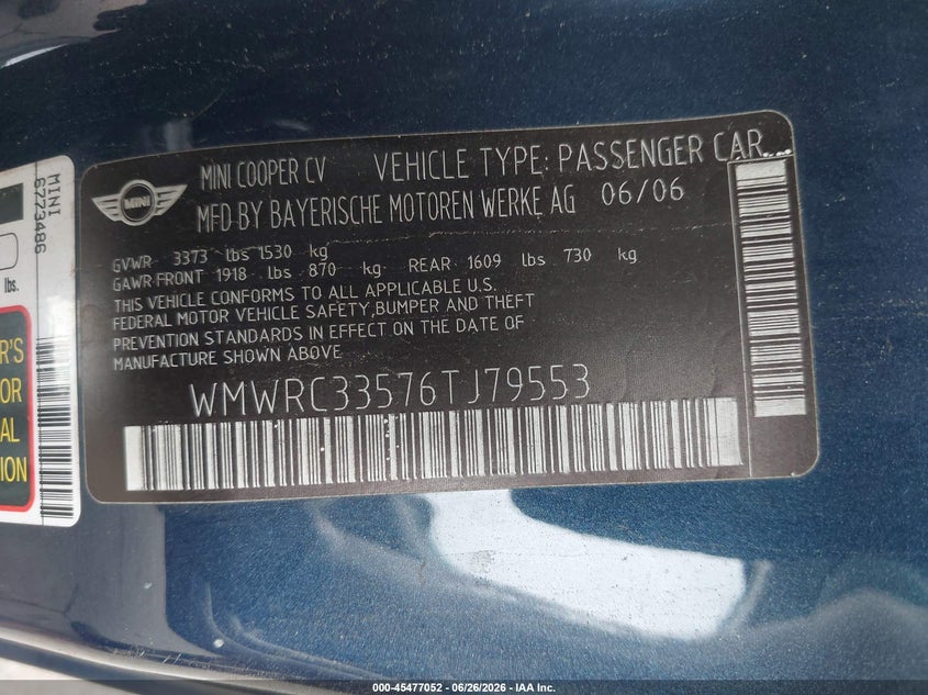 2006 Mini Cooper VIN WMWRC33576TJ79553 IAAI salvage auction — FRONT END, Mv-907A (New York), sold $375 on 2026-07-09 (photo 9)