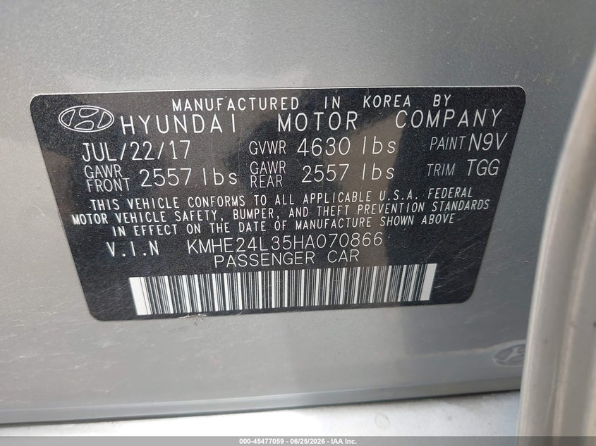 2017 Hyundai Sonata VIN KMHE24L35HA070866 IAAI salvage auction — NORMAL WEAR, Original (Texas), sold $625 on 2026-07-28 (photo 9)
