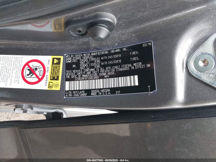2018 Toyota Highlander VIN 5TDDZRFH7JS853860 IAAI salvage auction — RIGHT FRONT, Salvage (Iowa), sold $3,600 on 2026-07-27 (photo 9)