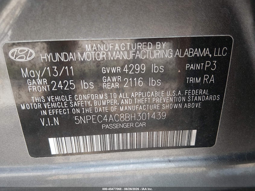 2011 Hyundai Sonata VIN 5NPEC4AC8BH301439 IAAI salvage auction — NORMAL WEAR, Clear (Louisiana), sold $425 on 2026-07-13 (photo 9)