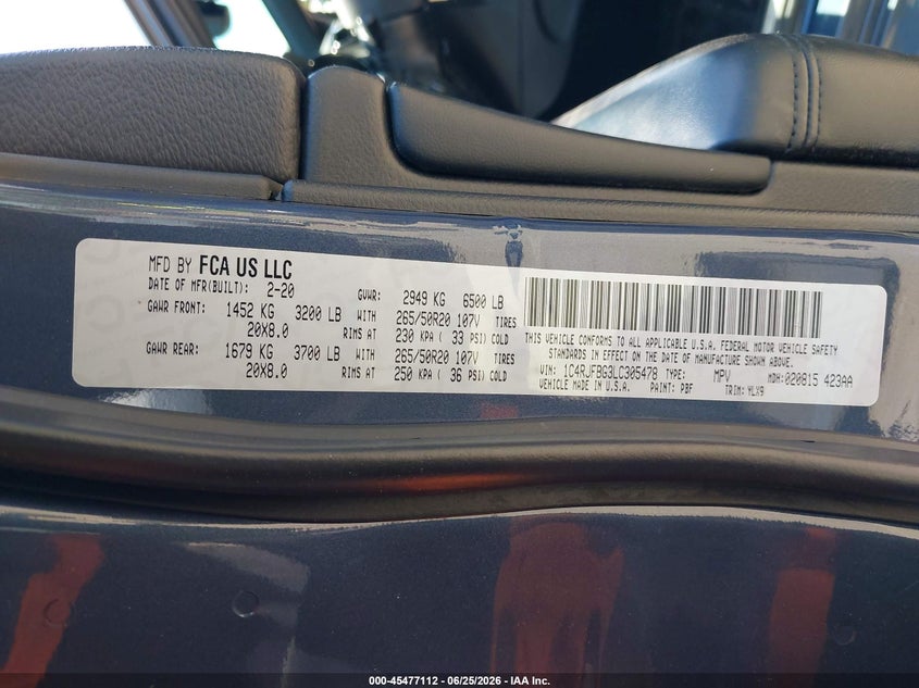 2020 Jeep Grand cherokee VIN 1C4RJFBG3LC305478 IAAI salvage auction — REAR END, Salvage Title, sold $8,100 on 2026-07-12 (photo 9)