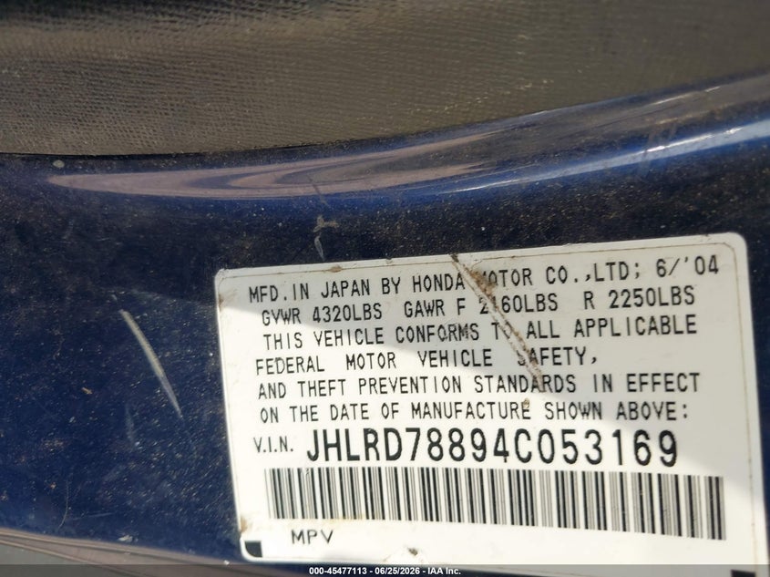 2004 Honda Cr-v VIN JHLRD78894C053169 IAAI salvage auction — NORMAL WEAR, Clear (Florida), sold $425 on 2026-07-08 (photo 9)
