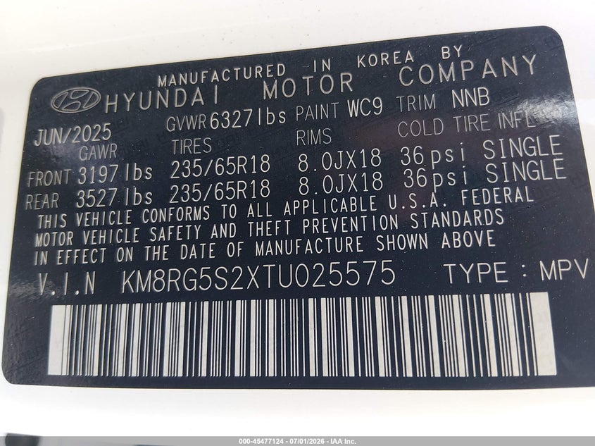 2026 Hyundai Palisade VIN KM8RG5S2XTU025575 IAAI salvage auction — FRONT END, Salvage (Mississippi), sold $19,800 on 2026-07-23 (photo 9)