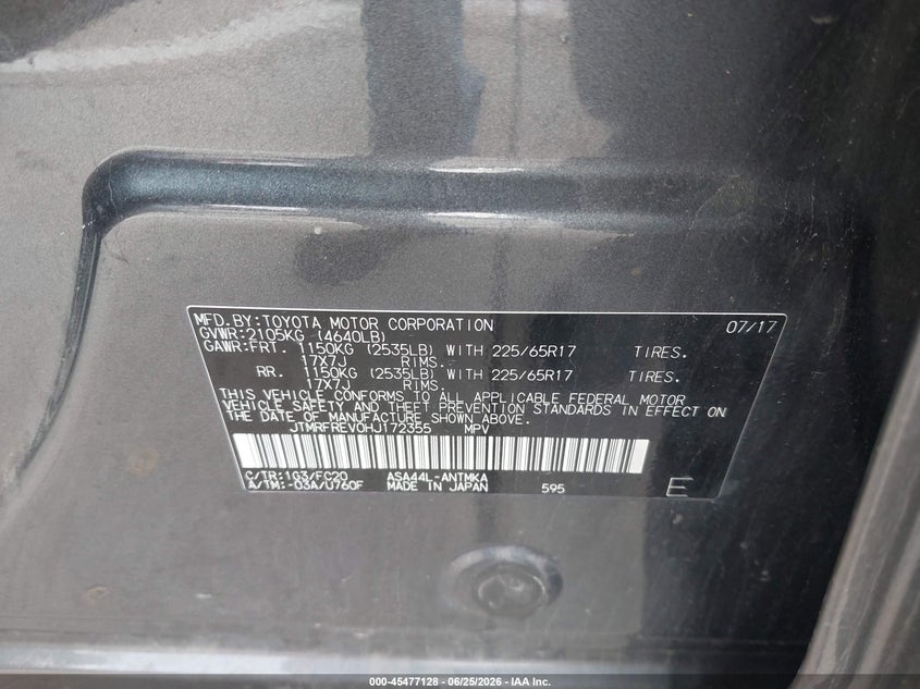 2017 Toyota Rav 4 VIN JTMRFREV0HJ172355 IAAI salvage auction — REAR END, Clear (Indiana), sold $5,700 on 2026-07-22 (photo 9)