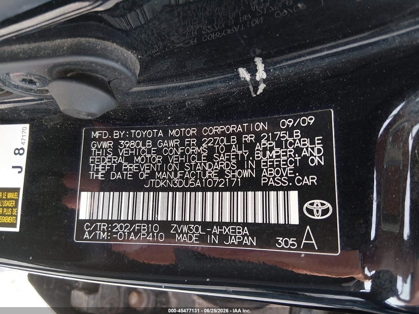 2010 Toyota Prius VIN JTDKN3DU5A1072171 IAAI salvage auction — NORMAL WEAR, Original (Kentucky), sold $925 on 2026-07-29 (photo 9)