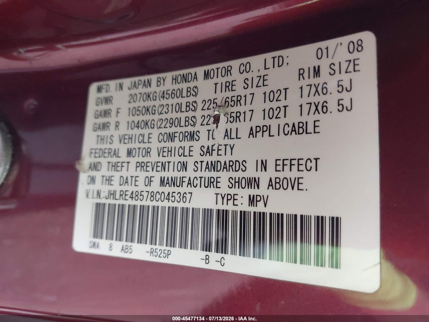 2008 Honda Cr-v VIN JHLRE48578C045367 IAAI salvage auction — NORMAL WEAR, Nrc Lienholder Repossession Paperwork (Alabama), sold $950 on 2026-07-15 (photo 9)